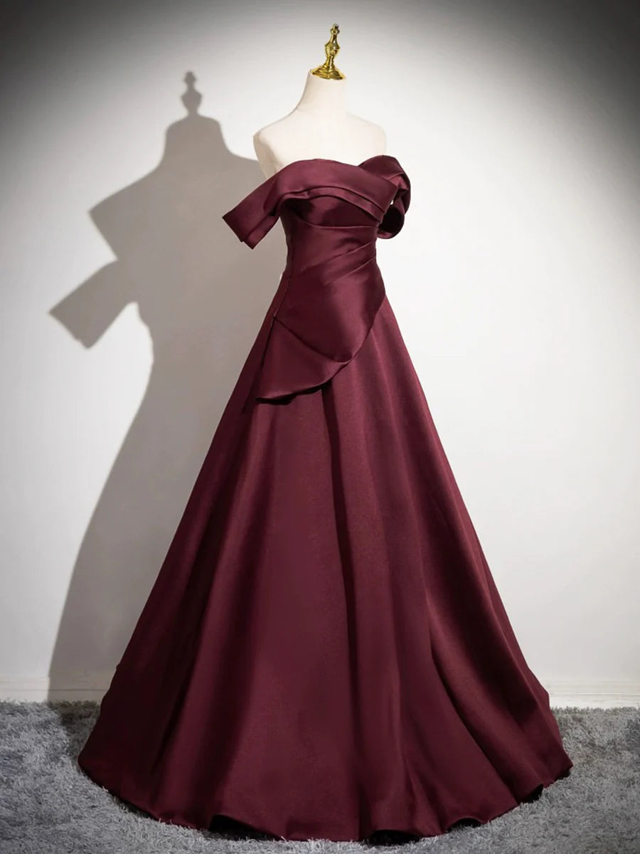 Dark Burgundy Satin Long Prom Dress, A-Line Off the Shoulder Evening Party Dress TP159