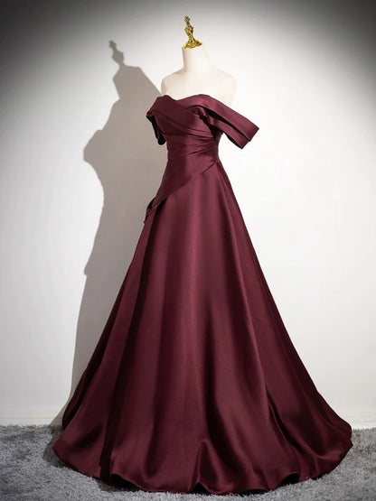 Dark Burgundy Satin Long Prom Dress, A-Line Off the Shoulder Evening Party Dress TP159