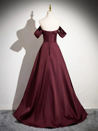 Dark Burgundy Satin Long Prom Dress, A-Line Off the Shoulder Evening Party Dress TP159