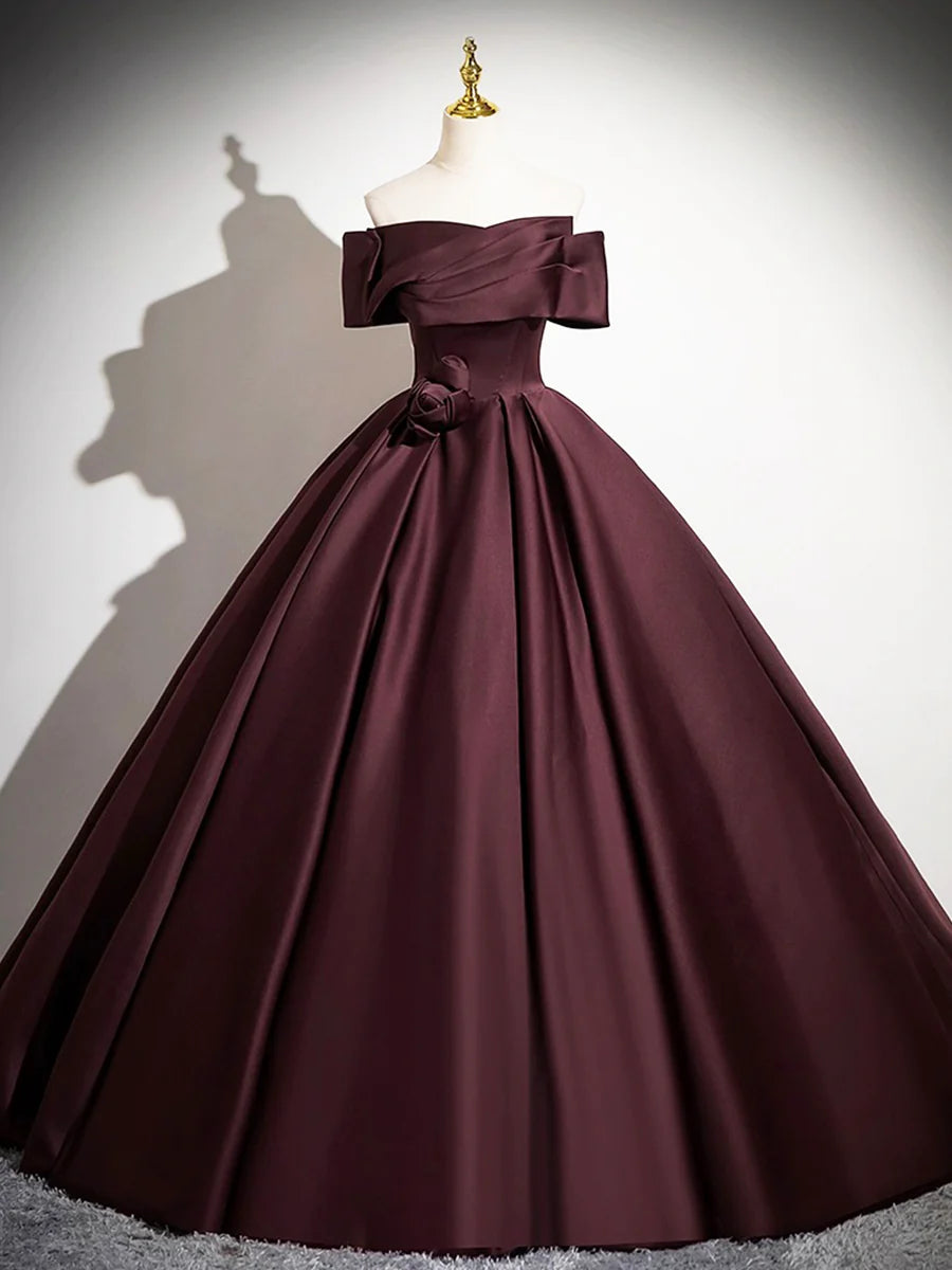 Dark Burgundy Satin Long Prom Dress, Elegant A-Line Off the Shoulder Evening Party Dress TP161