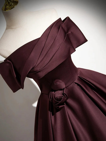 Dark Burgundy Satin Long Prom Dress, Elegant A-Line Off the Shoulder Evening Party Dress TP161