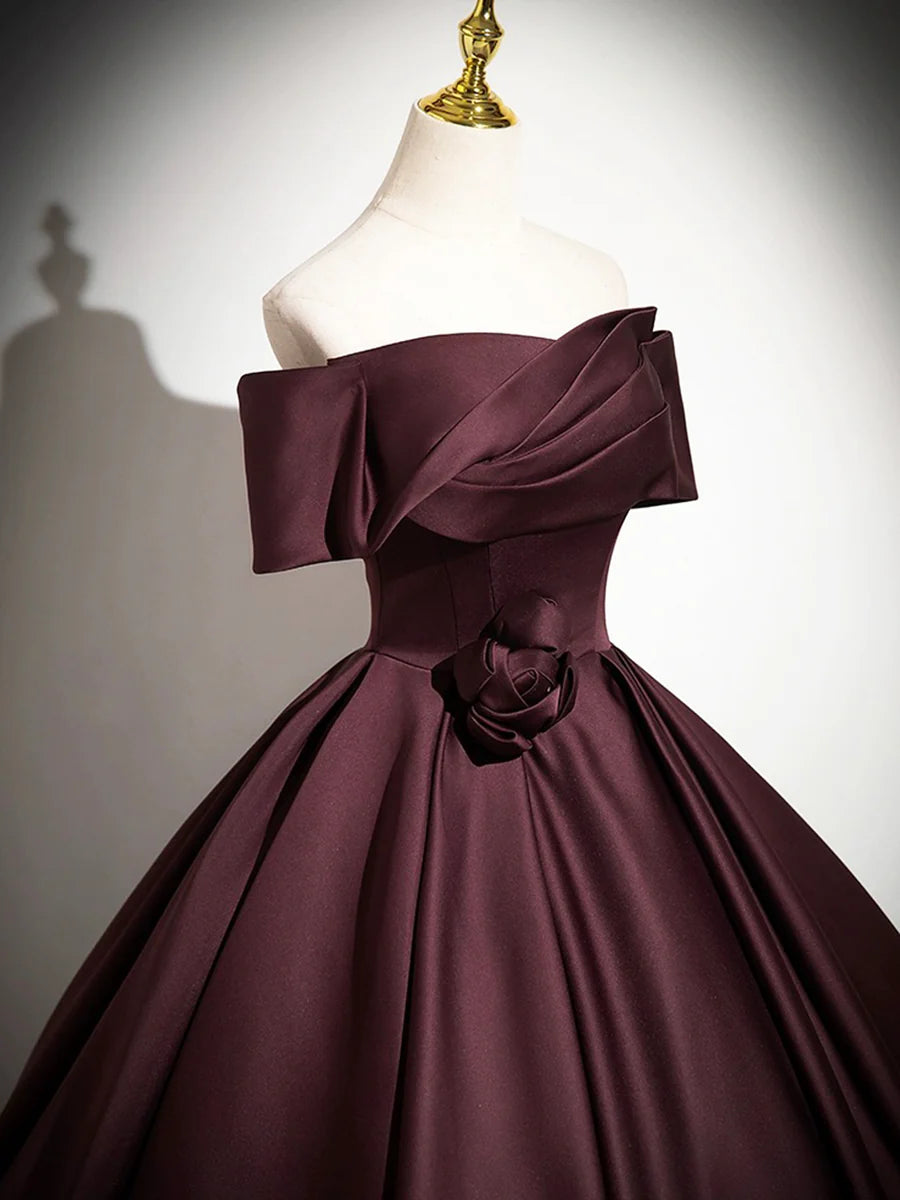 Dark Burgundy Satin Long Prom Dress, Elegant A-Line Off the Shoulder Evening Party Dress TP161