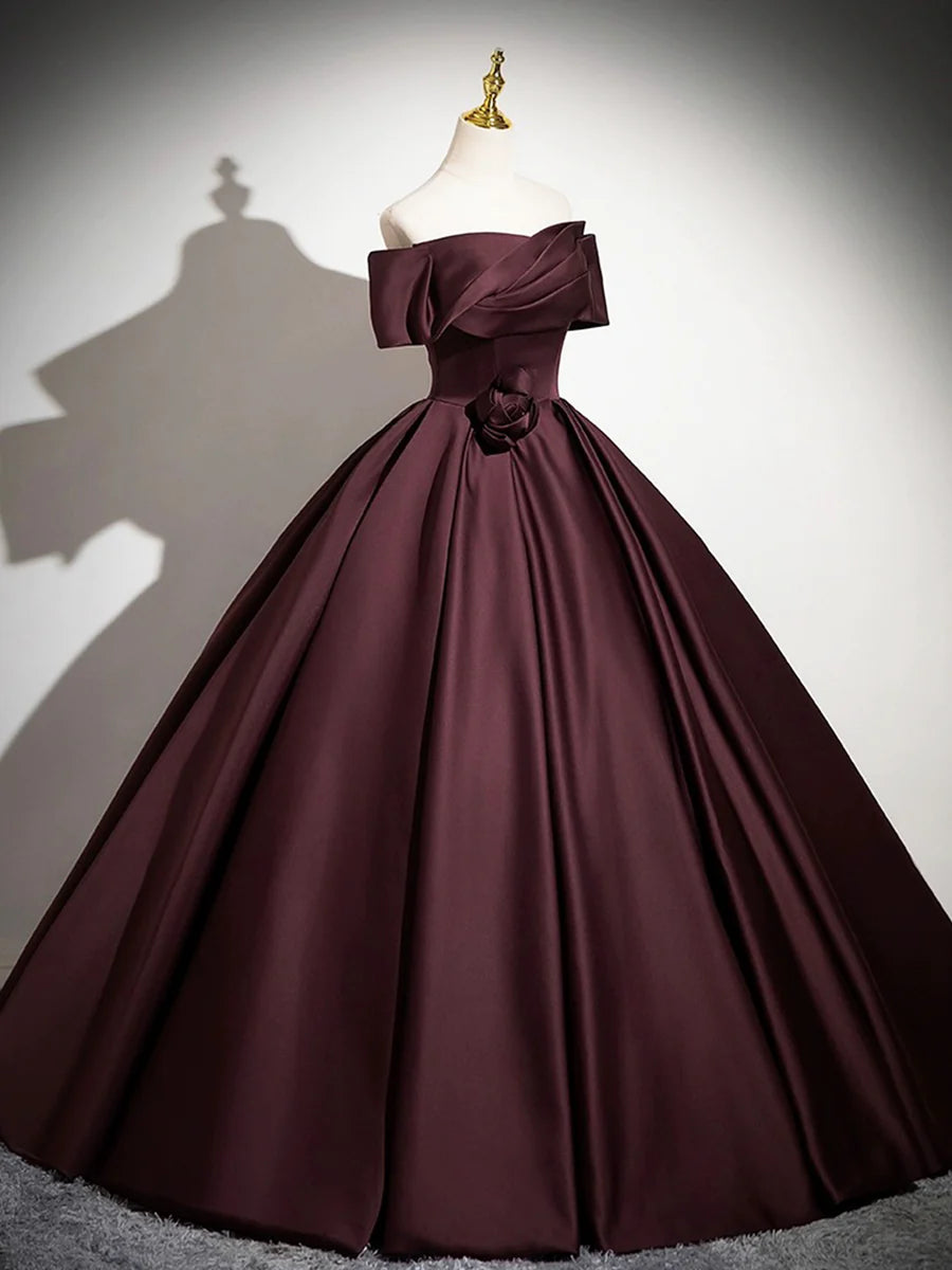 Dark Burgundy Satin Long Prom Dress, Elegant A-Line Off the Shoulder Evening Party Dress TP161