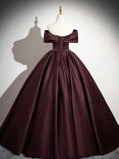 Dark Burgundy Satin Long Prom Dress, Elegant A-Line Off the Shoulder Evening Party Dress TP161