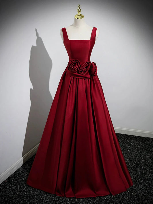 Burgundy Satin Long Prom Dress with Flowers, Elegant A-Line Party Dress TP164