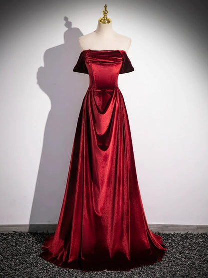 Burgundy Velvet Long Prom Dress, Elegant A-Line Off the Shoulder Party Dress TP165