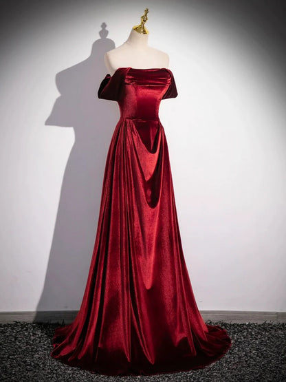 Burgundy Velvet Long Prom Dress, Elegant A-Line Off the Shoulder Party Dress TP165