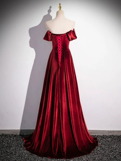 Burgundy Velvet Long Prom Dress, Elegant A-Line Off the Shoulder Party Dress TP165