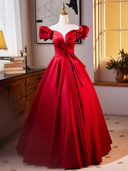 Dark Red Satin Long Prom Dress, Off the Shoulder A-Line Formal Evening Dress TP171