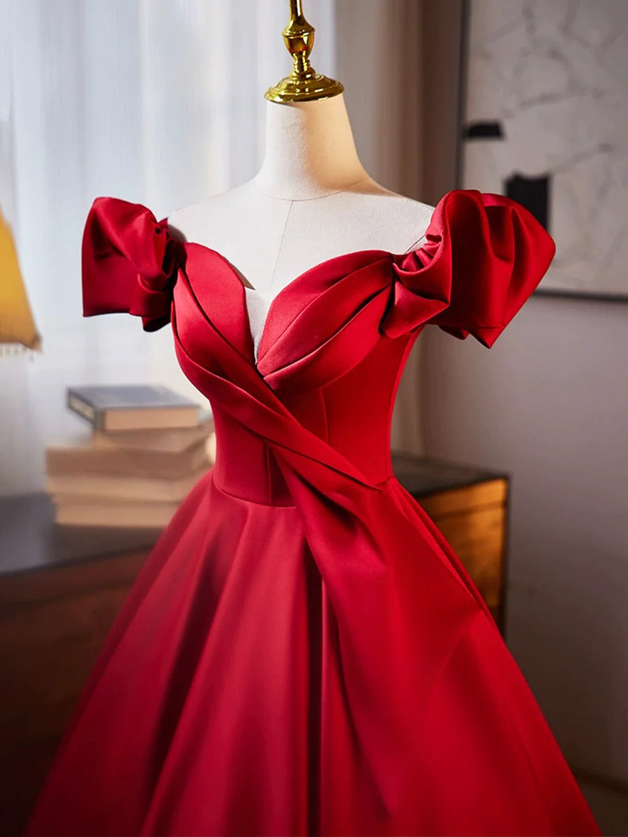 Dark Red Satin Long Prom Dress, Off the Shoulder A-Line Formal Evening Dress TP171