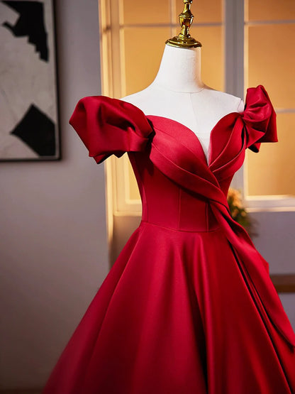 Dark Red Satin Long Prom Dress, Off the Shoulder A-Line Formal Evening Dress TP171