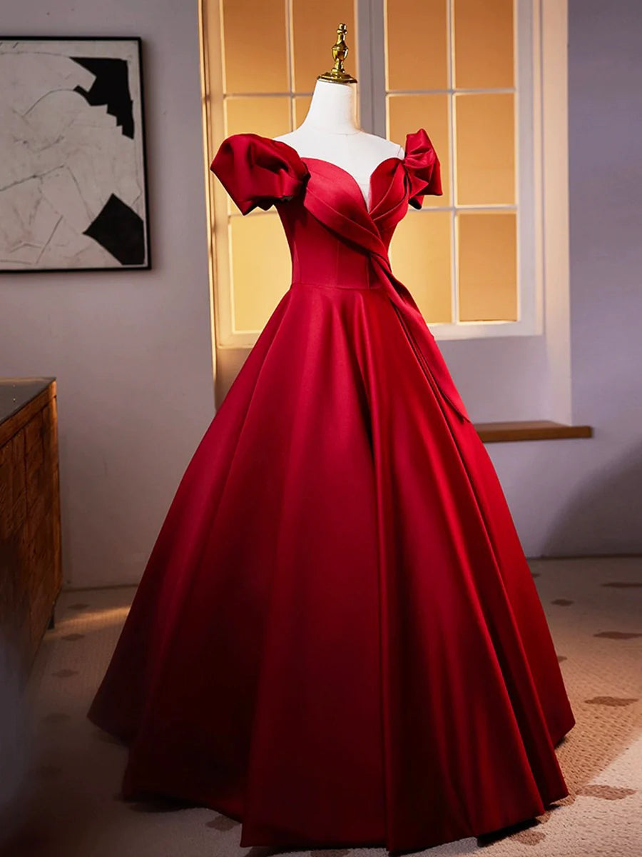 Dark Red Satin Long Prom Dress, Off the Shoulder A-Line Formal Evening Dress TP171