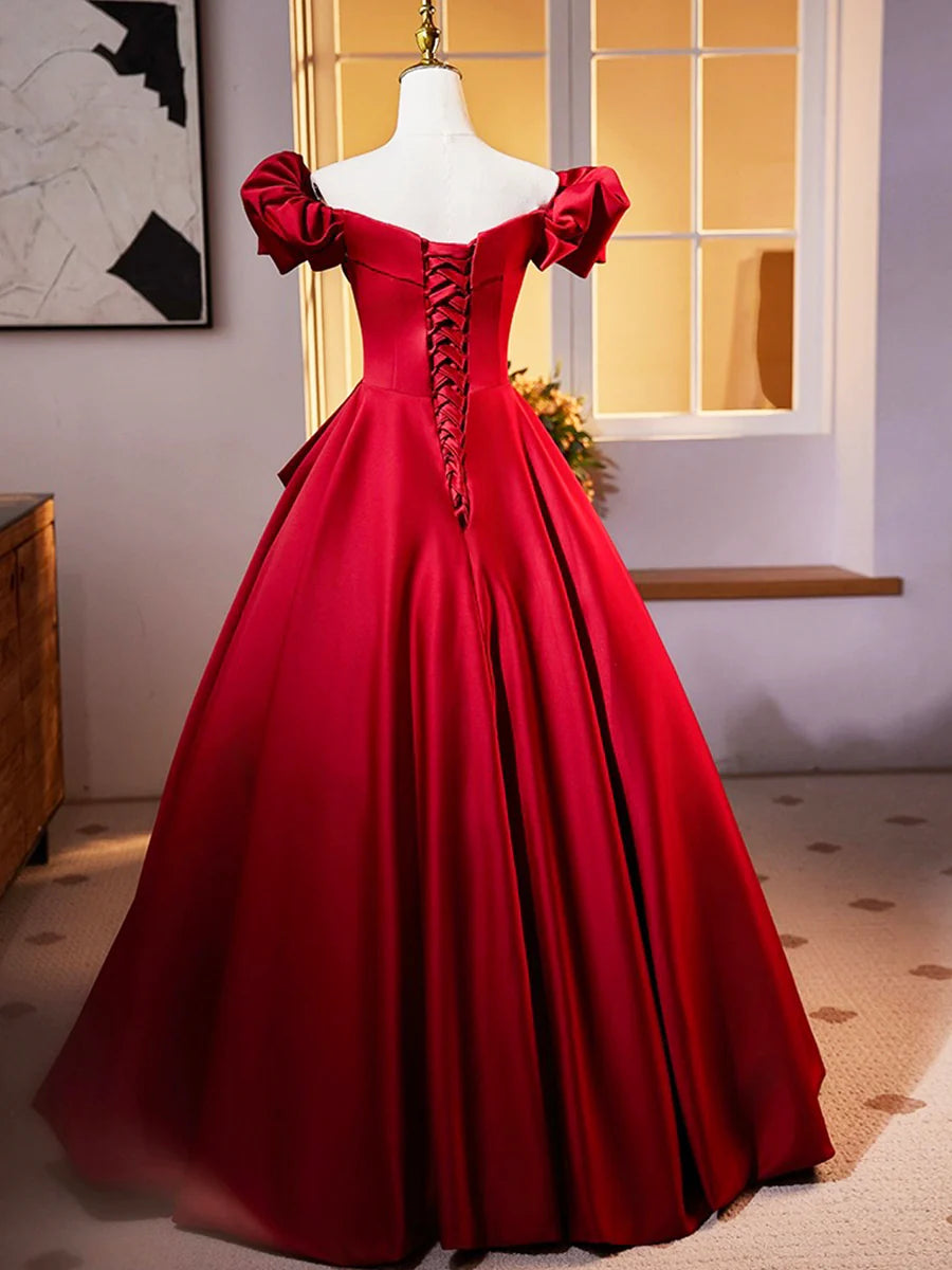 Dark Red Satin Long Prom Dress, Off the Shoulder A-Line Formal Evening Dress TP171