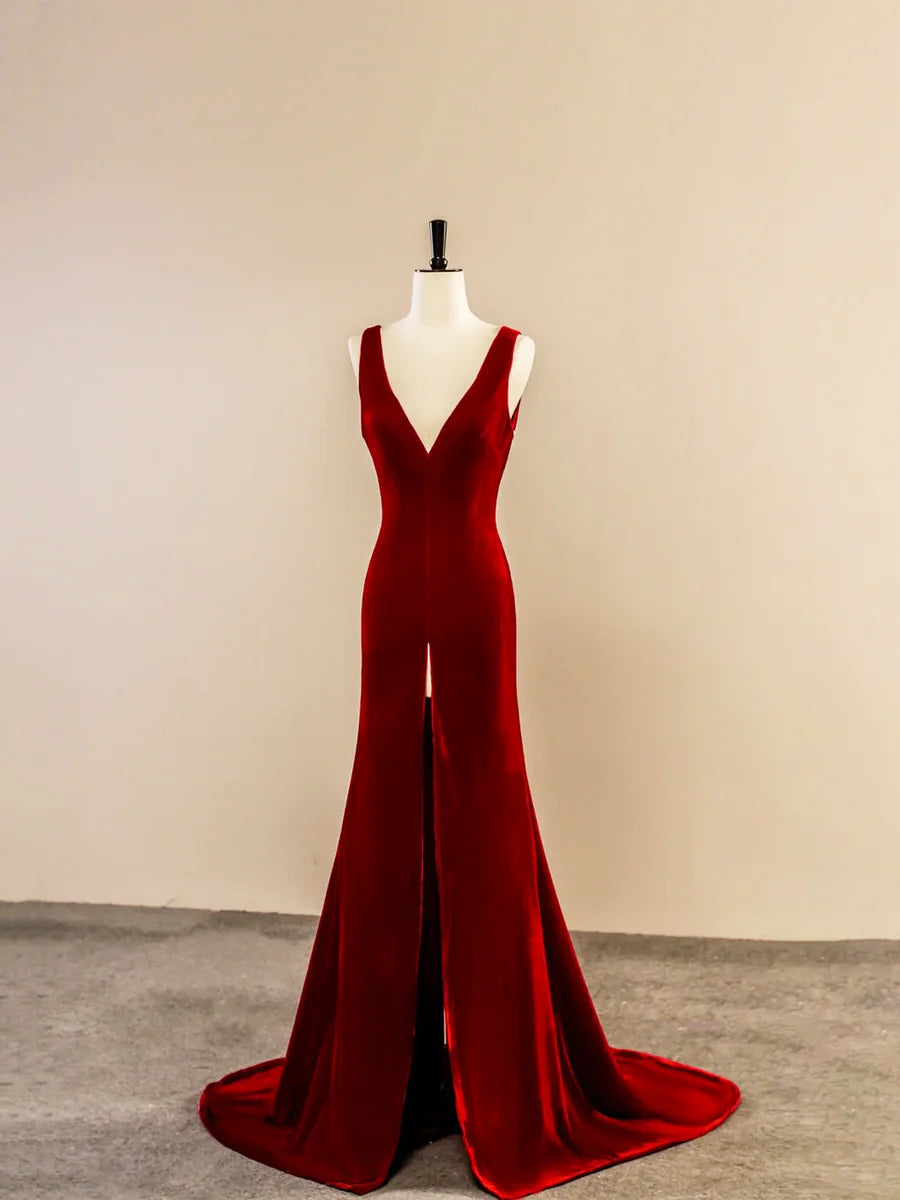 Burgundy V-Neck Velvet Long Prom Dress, Simple Mermaid Backless Evening Dress TP174