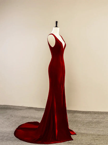 Burgundy V-Neck Velvet Long Prom Dress, Simple Mermaid Backless Evening Dress TP174