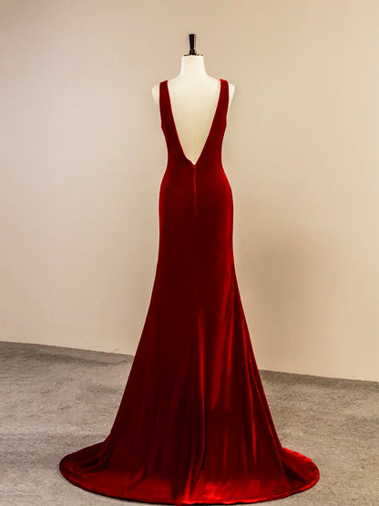 Burgundy V-Neck Velvet Long Prom Dress, Simple Mermaid Backless Evening Dress TP174