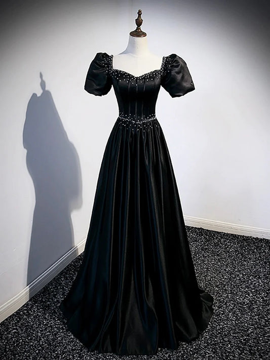 Black Satin Beaded Floor Length Prom Dress, Black A-Line Short Sleeve Evening Dress TP177