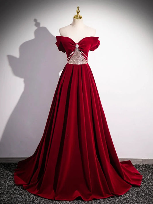 Burgundy Velvet Sequins Long Prom Dress, Elegant Off the Shoulder A-Line Formal Dress TP179