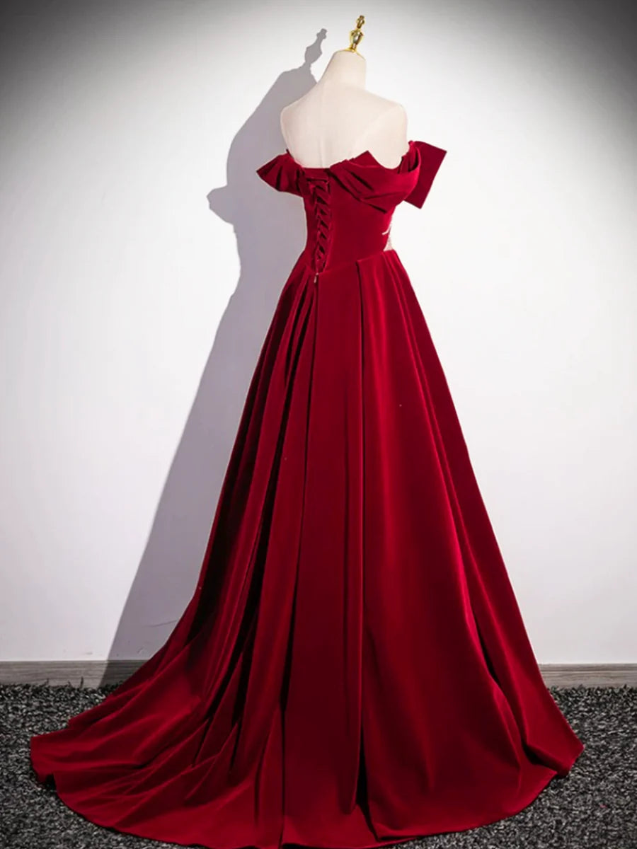 Burgundy Velvet Sequins Long Prom Dress, Elegant Off the Shoulder A-Line Formal Dress TP179