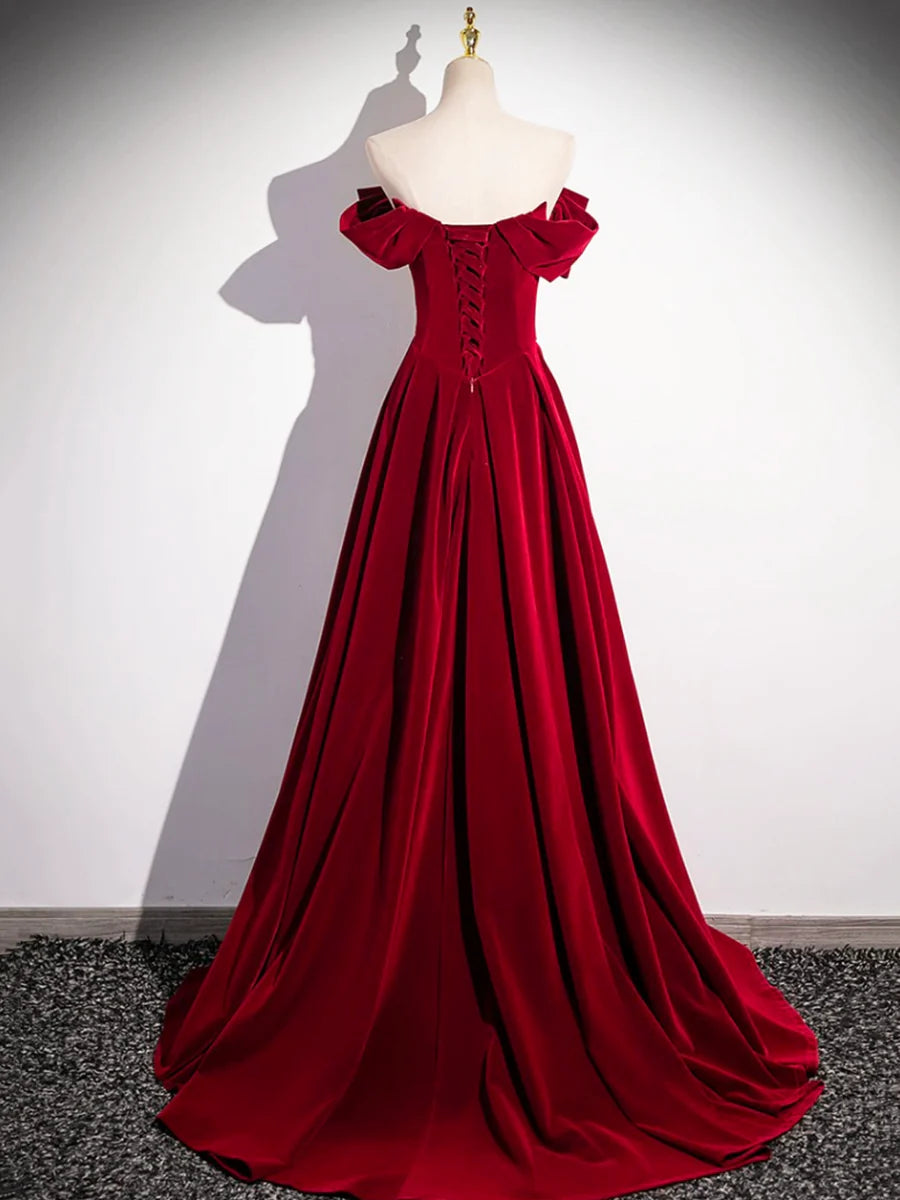 Burgundy Velvet Sequins Long Prom Dress, Elegant Off the Shoulder A-Line Formal Dress TP179