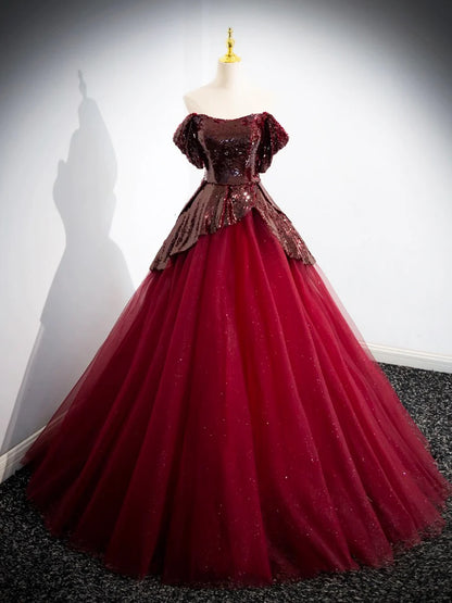 Burgundy Tulle Sequins Floor Length Prom Dress, Off the Shoulder Formal Evening Dress TP180