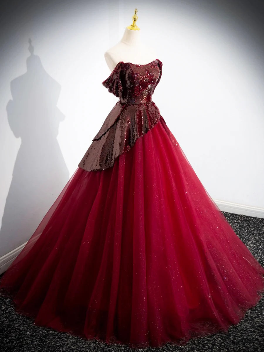 Burgundy Tulle Sequins Floor Length Prom Dress, Off the Shoulder Formal Evening Dress TP180