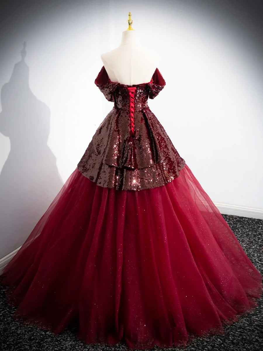 Burgundy Tulle Sequins Floor Length Prom Dress, Off the Shoulder Formal Evening Dress TP180