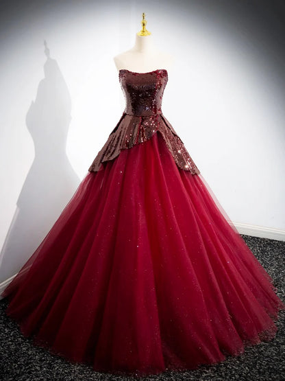 Burgundy Tulle Sequins Floor Length Prom Dress, Off the Shoulder Formal Evening Dress TP180