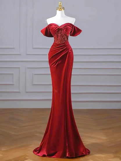 Burgundy Velvet Sequins Long Prom Dress, Mermaid Off the Shoulder Party Dress with Slit TP183