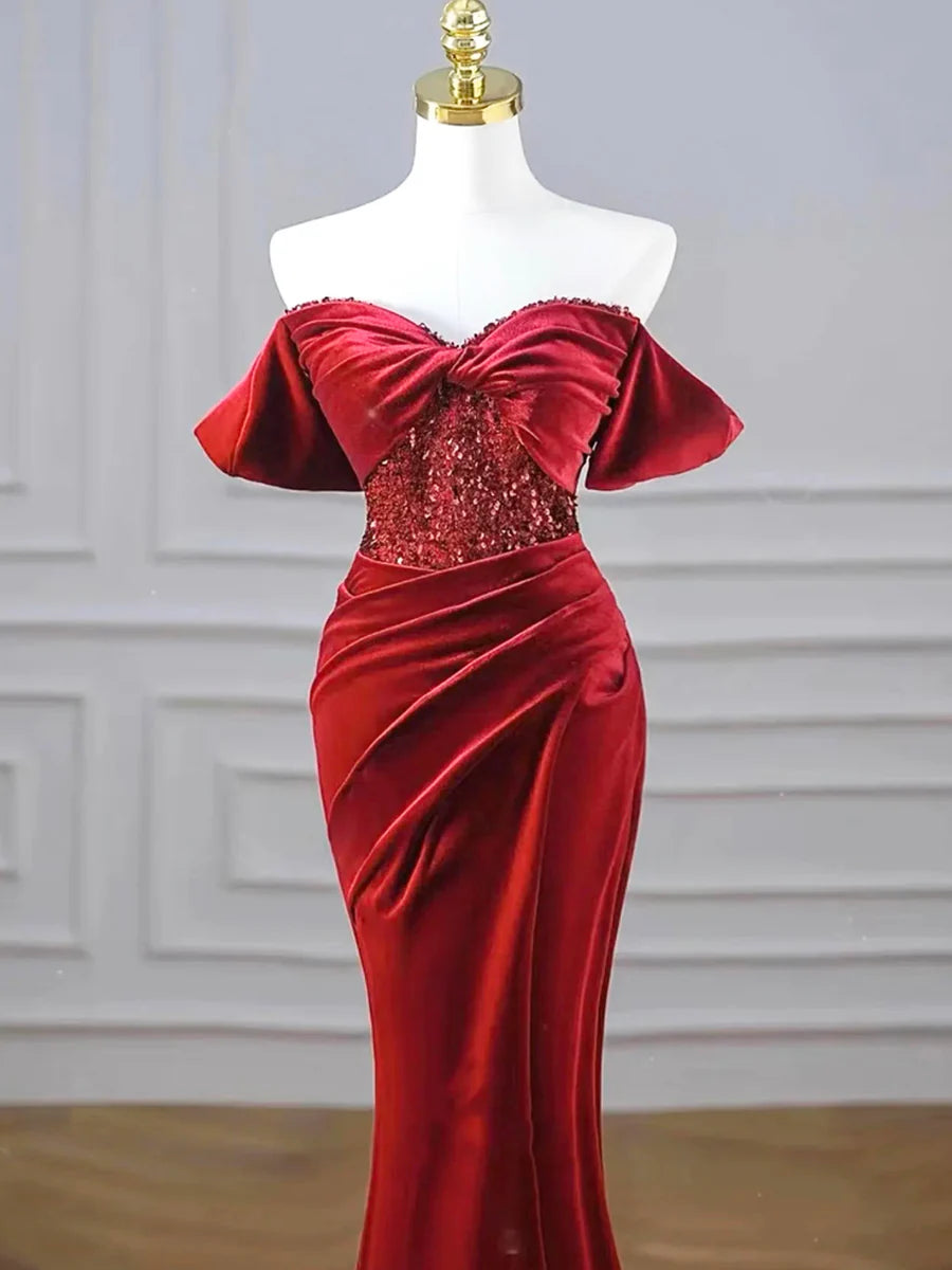 Burgundy Velvet Sequins Long Prom Dress, Mermaid Off the Shoulder Party Dress with Slit TP183