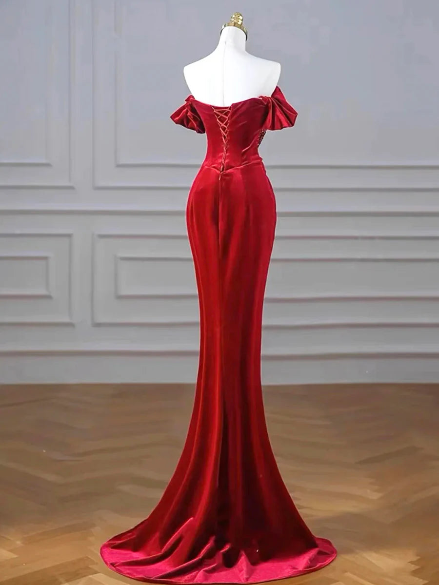 Burgundy Velvet Sequins Long Prom Dress, Mermaid Off the Shoulder Party Dress with Slit TP183