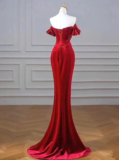 Burgundy Velvet Sequins Long Prom Dress, Mermaid Off the Shoulder Party Dress with Slit TP183