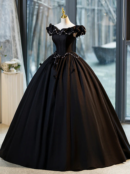 Black A-Line Floor Length Prom Dress with Pearl, Off the Shoulder Evening Party Dress TP187