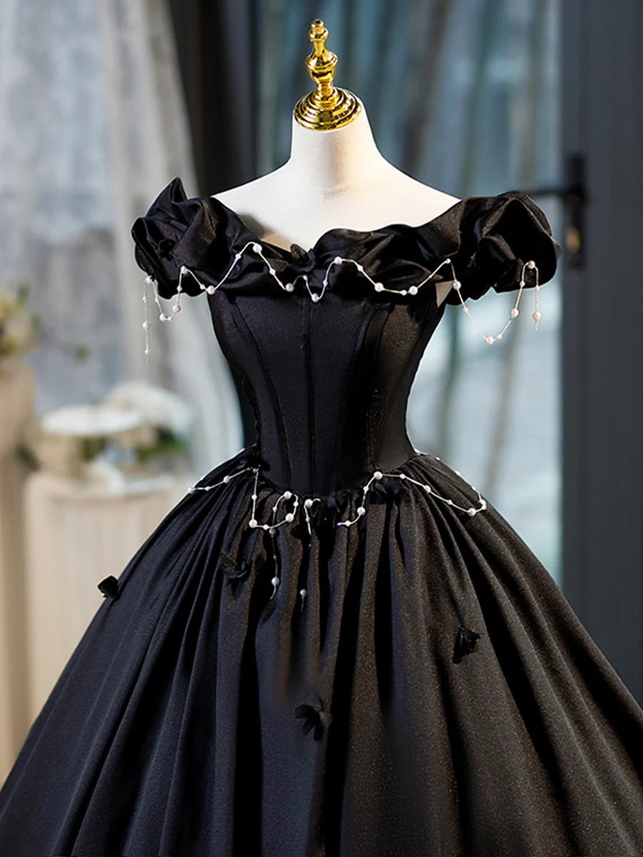 Black A-Line Floor Length Prom Dress with Pearl, Off the Shoulder Evening Party Dress TP187