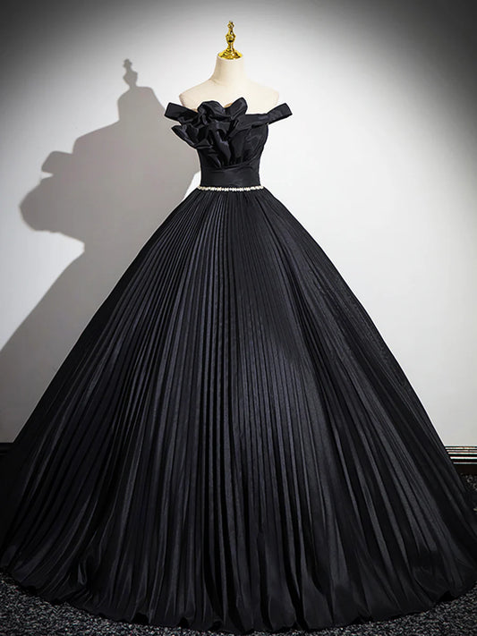 Black Pleated Long A-line Party Gown with Rhinestone Sash, Elegant Off the Shoulder Formal Evening Dress TP188