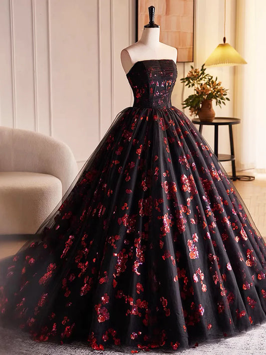 Black Tulle and Red Sequins Long Pom Dress, Beautiful A-Line Strapless Formal Evening Dress TP196