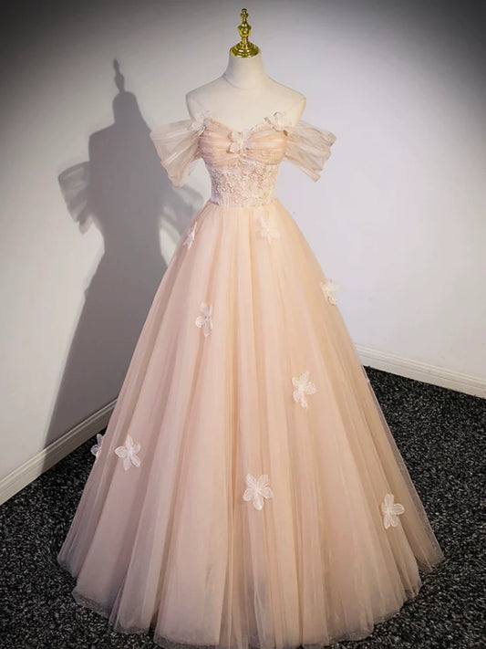 Light Pink Tulle Floor Length Prom Dress, Beautiful Off the Shoulder Evening Party Dress TP197