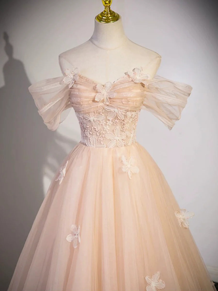 Light Pink Tulle Floor Length Prom Dress, Beautiful Off the Shoulder Evening Party Dress TP197