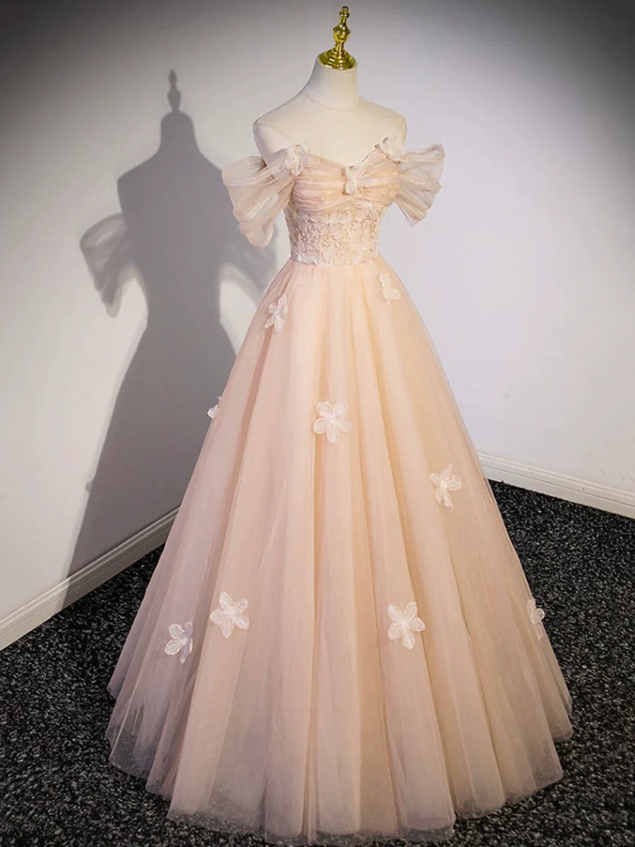 Light Pink Tulle Floor Length Prom Dress, Beautiful Off the Shoulder Evening Party Dress TP197