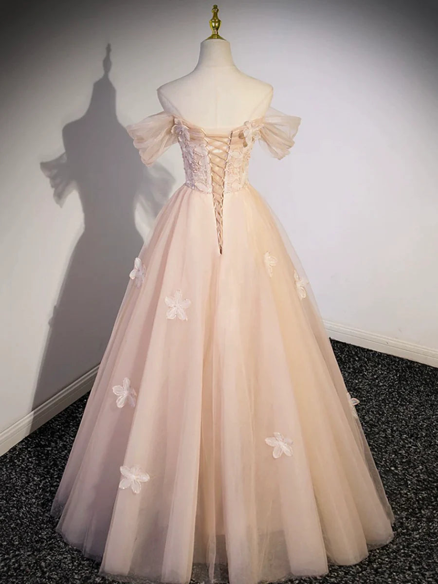 Light Pink Tulle Floor Length Prom Dress, Beautiful Off the Shoulder Evening Party Dress TP197