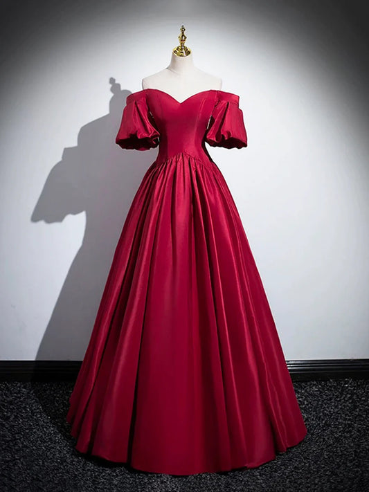 Burgundy Satin Long Prom Dress, Off the Shoulder A-Line Formal Evening Dress TP199