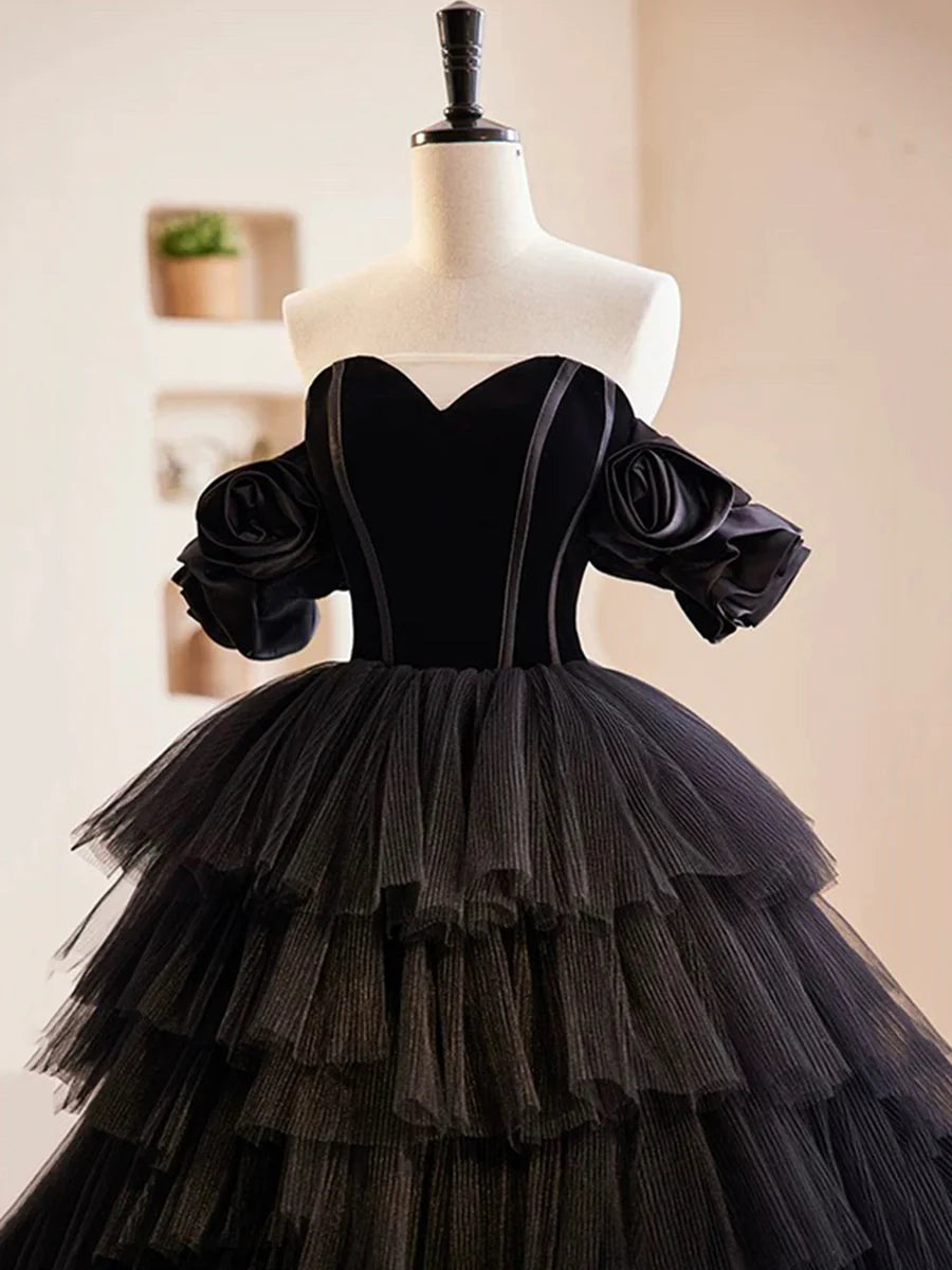 Black Velvet and Tulle Long Prom Dress, A-Line Off the Shoulder Formal Evening Dress TP94