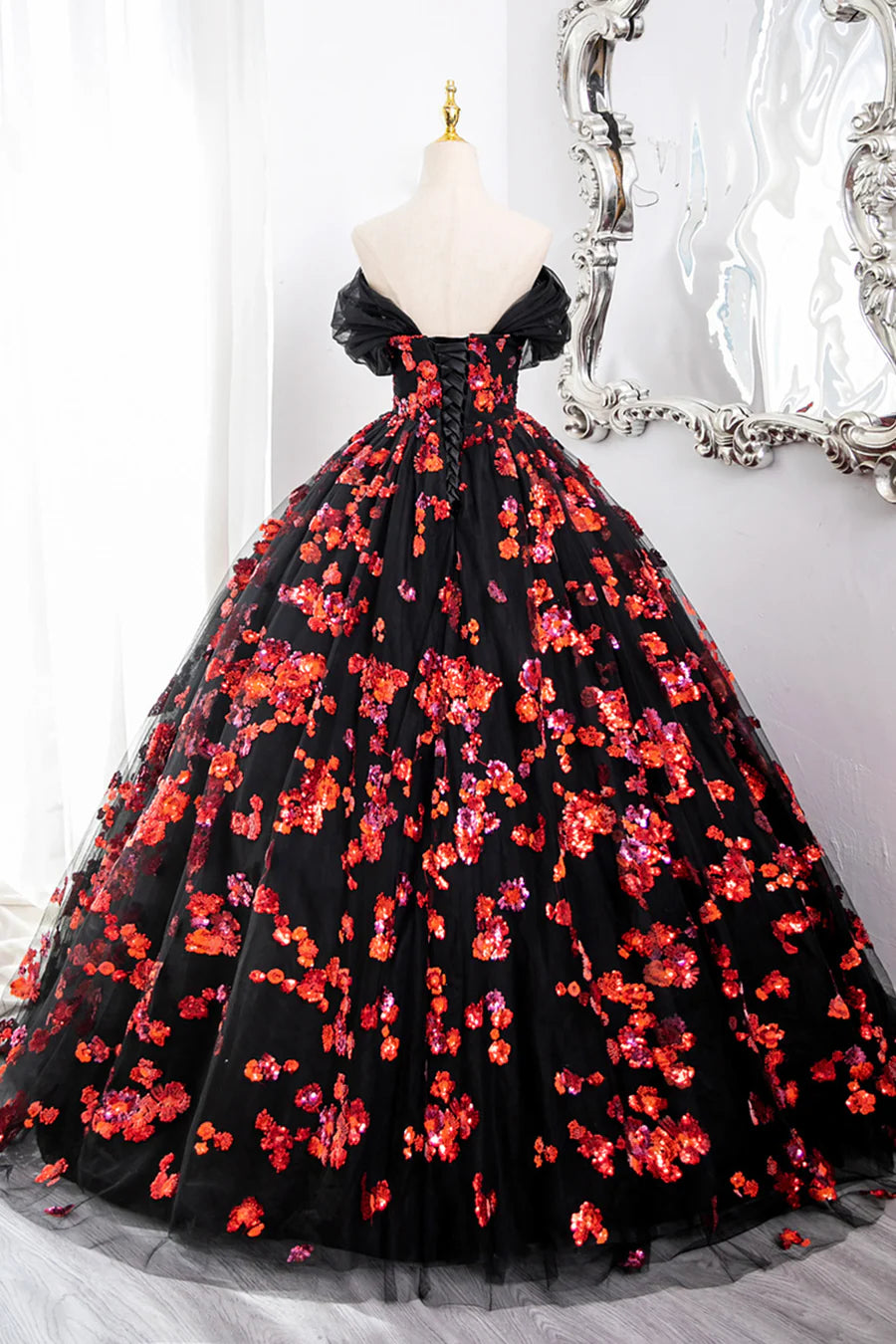 Black Tulle and Red Sequins Long Formal Gown, Off the Shoulder Evening Party Dress TP99