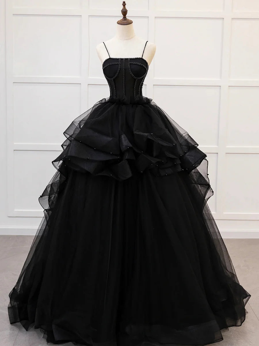 Black Spaghetti Strap Tulle Long Prom Dress with Beaded, A-Line Tulle Layers Formal Gown TP201