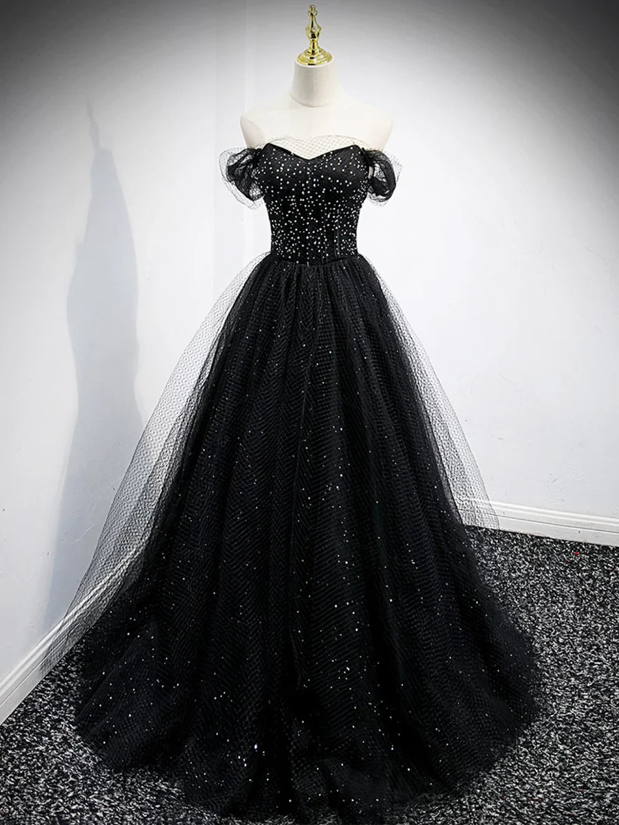 Black Tulle Beaded Floor Length Prom Dress, Black A-Line Off-Shoulder Evening Party Dress TP205