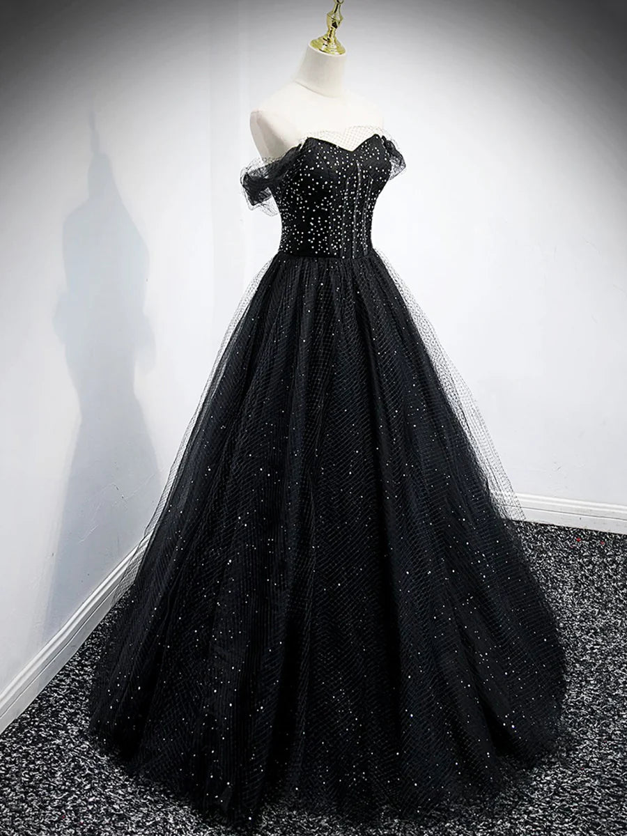 Black Tulle Beaded Floor Length Prom Dress, Black A-Line Off-Shoulder Evening Party Dress TP205