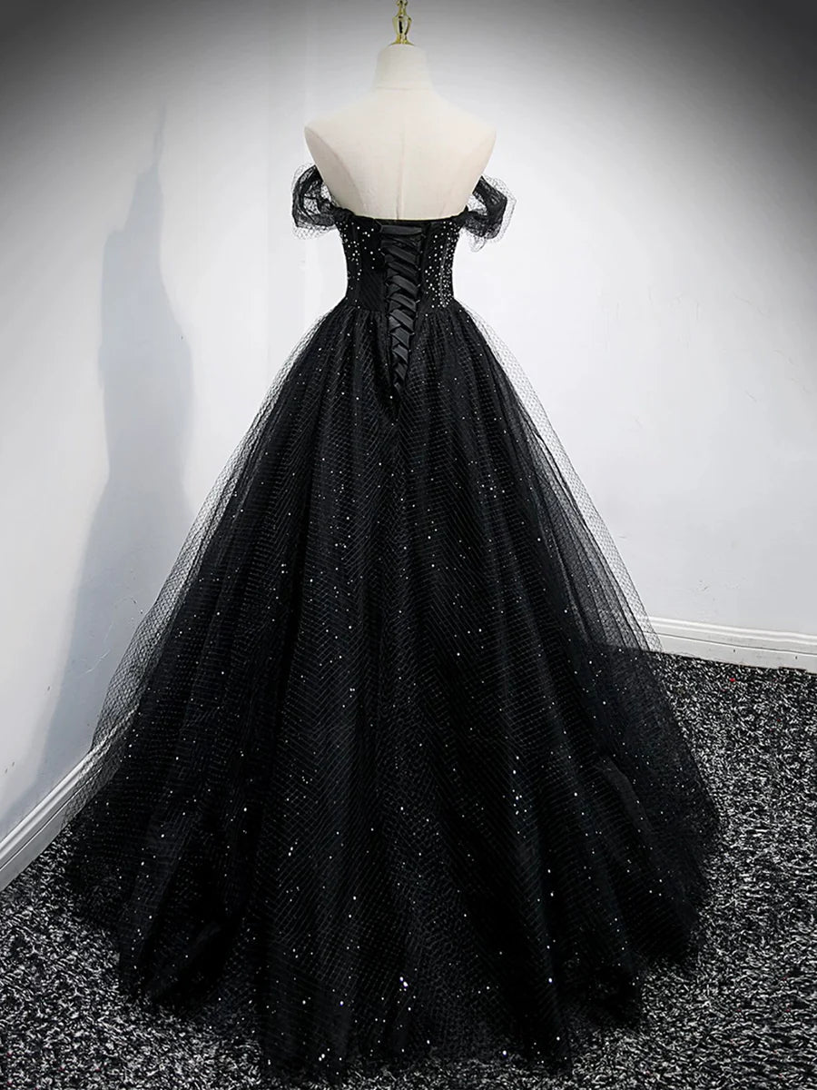 Black Tulle Beaded Floor Length Prom Dress, Black A-Line Off-Shoulder Evening Party Dress TP205