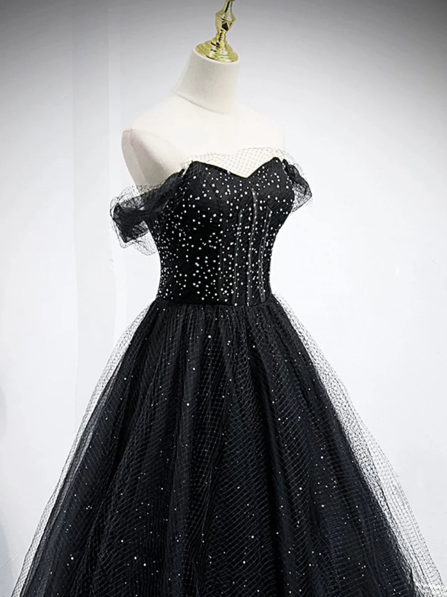 Black Tulle Beaded Floor Length Prom Dress, Black A-Line Off-Shoulder Evening Party Dress TP205