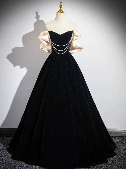 Black Velvet Floor Length Prom Dress, Off the Shoulder A-Line Evening Party Dress TP213