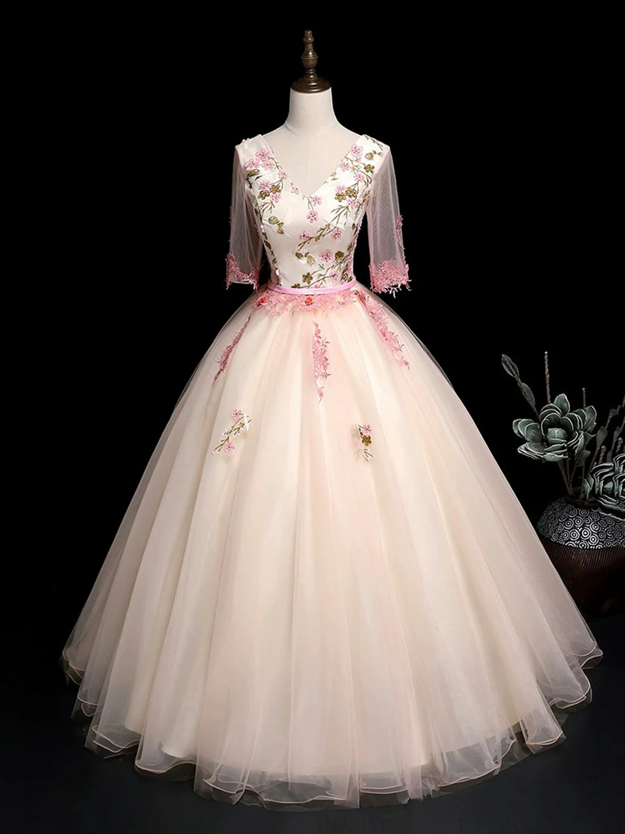 Champagne V-Neck Tulle Lace Long Prom Dress, A-Line Lovely Evening Party Dress TP215